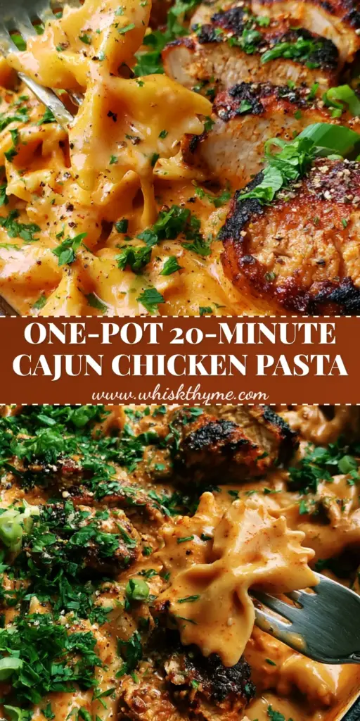Cajun chicken bowtie pasta with a Creamy Sunset-Orange Sauce 3 A close-up of Cajun chicken bowtie pasta in a cast iron skillet, featuring blackened chicken slices and a thick orange cream sauce garnished with parsley and scallions.