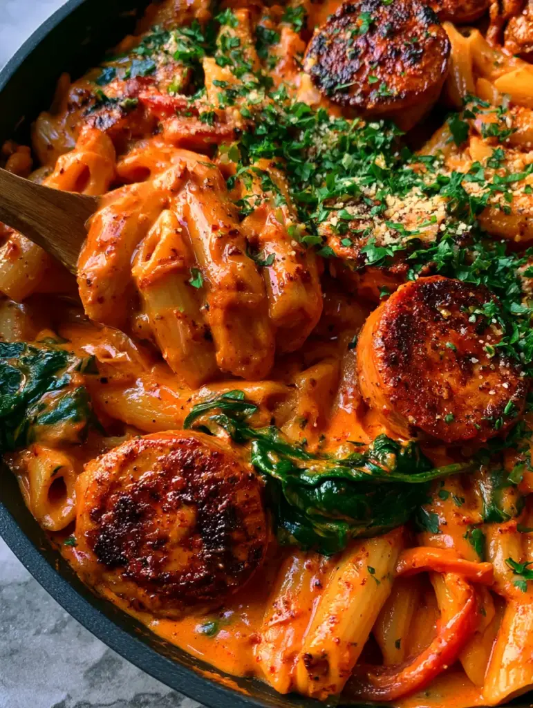 Cajun chicken sausage pasta: The Ultimate Creamy One-Pot Skillet 1 Close up of seared chicken sausage rounds and wilted spinach in a creamy Cajun pasta dish.