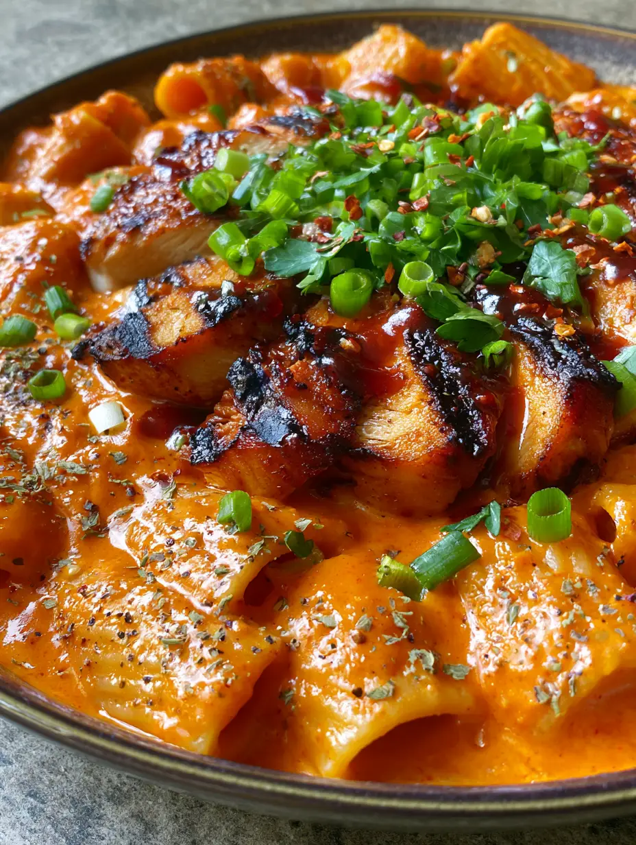 Cajun BBQ Chicken Pasta: The Ultimate Creamy One-Pot Dinner 4 Extreme close-up of Cajun BBQ chicken pasta in a dark bowl with visible black pepper flecks and steam.