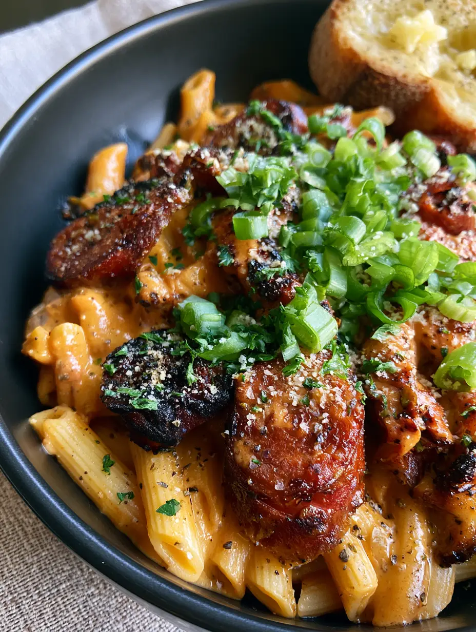 Top-down shot of creamy Cajun Chicken Andouille Pasta with ridged penne and vibrant green onion garnish in a black bowl.