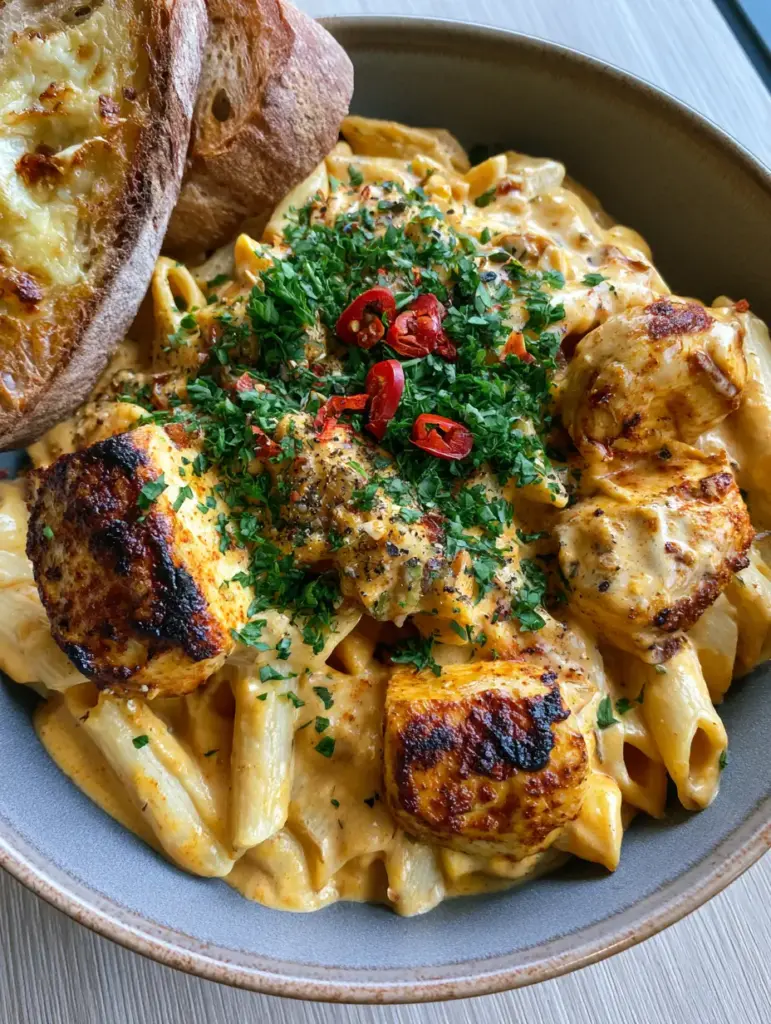 Creamy Cajun Chicken Penne Pasta with Garlic Butter Sourdough 2 Top-down view of Creamy Cajun Chicken Penne Pasta showing the thick orange sauce and red Fresno chili garnish.