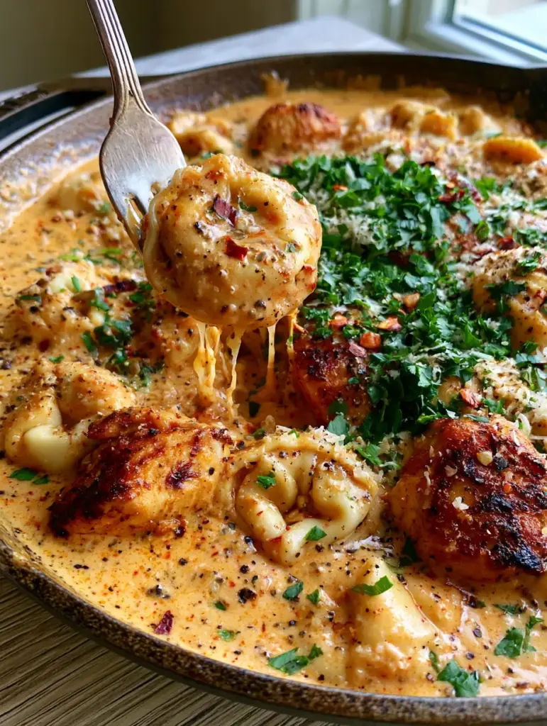 Close up of creamy orange sauce with flecks of black pepper and red chili flakes on plump tortellini. (Cajun Chicken Tortellini)