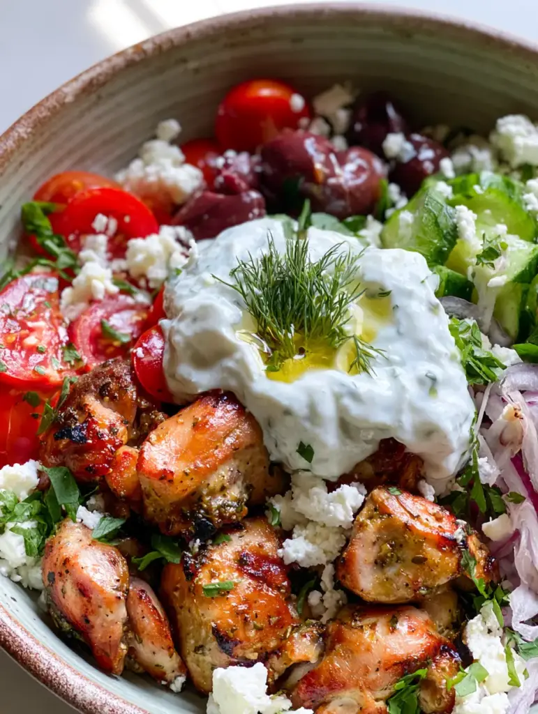 Greek chicken souvlaki bowls with Charred Lemon-Oregano Chicken 2 Extreme close-up of golden-brown charred chicken cubes in Greek chicken souvlaki bowls with glistening lemon-herb glaze.