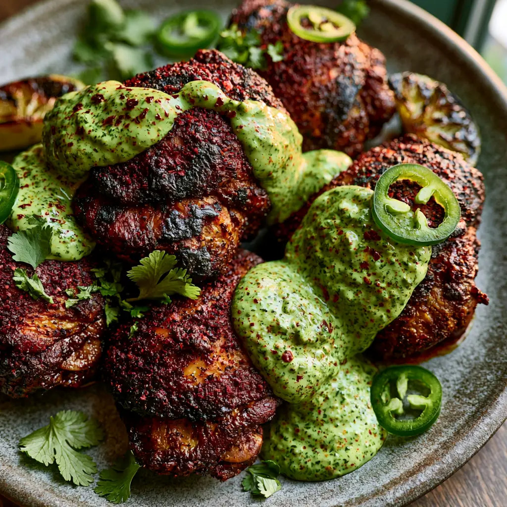Peruvian Grilled Chicken with Creamy Aji Verde Sauce 1 Creamy aji verde sauce drizzled over peruvian grilled chicken with jalapeño rings and cilantro garnishes.