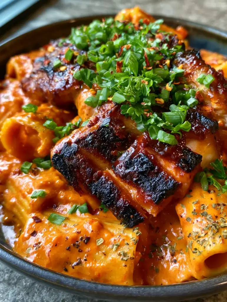 Cajun BBQ Chicken Pasta: The Ultimate Creamy One-Pot Dinner 1 Juicy slices of seared chicken breast with charred grill marks on top of creamy Cajun BBQ pasta.