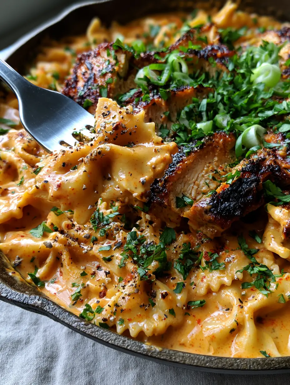 Cajun chicken bowtie pasta with a Creamy Sunset-Orange Sauce 4 High-end photography of Cajun chicken bowtie pasta with sunset-orange sauce and visible red pepper flakes in a cast iron pan.