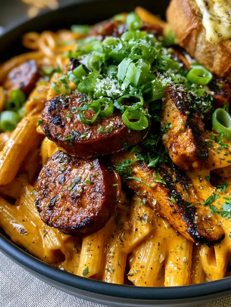 Close-up detail of blackened chicken strips and charred andouille sausage on top of orange cream pasta.