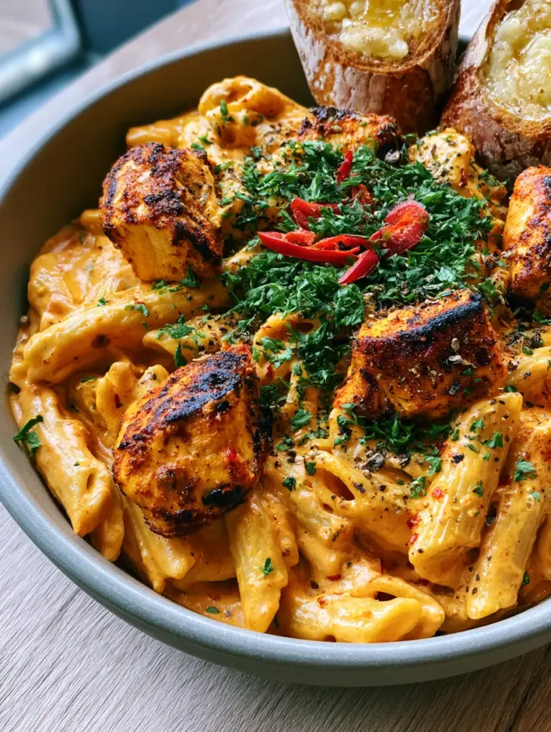 Creamy Cajun Chicken Penne Pasta with Garlic Butter Sourdough 1 Close up of pan-seared chicken breast with charred edges on top of creamy Cajun penne pasta.