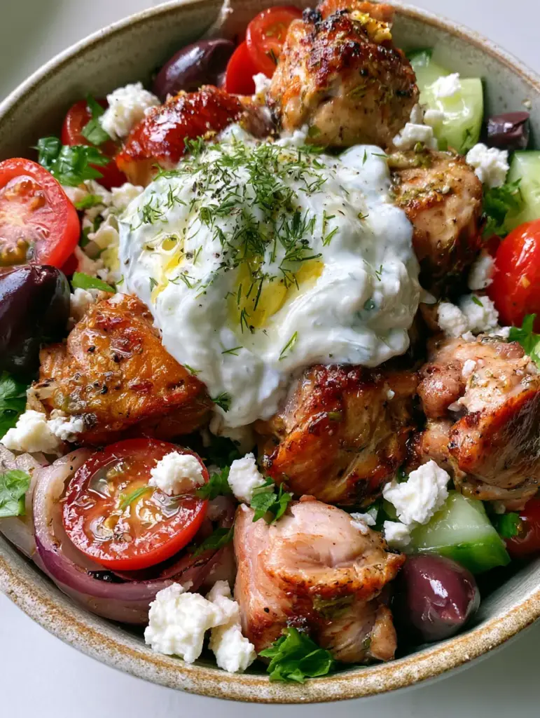 Greek chicken souvlaki bowls with Charred Lemon-Oregano Chicken 1 A dollop of thick white tzatziki sauce topped with dill and olive oil in a Greek chicken souvlaki bowl.