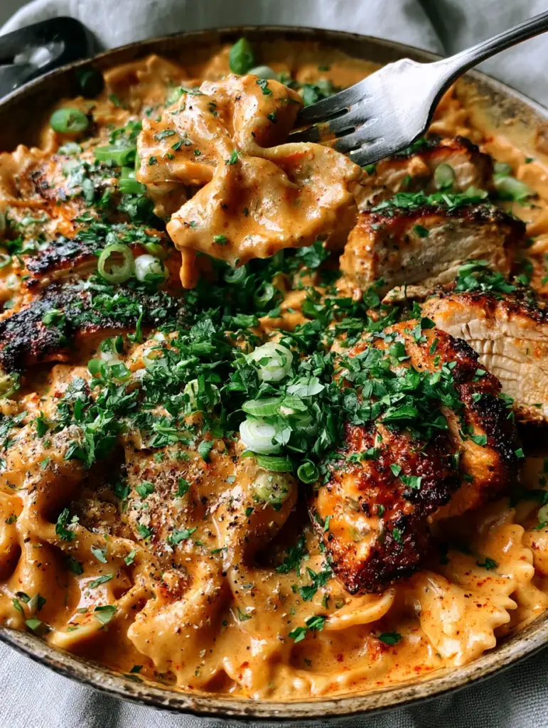Cajun chicken bowtie pasta with a Creamy Sunset-Orange Sauce 1 Detailed shot of seared Cajun chicken breast with blackened edges resting on a bed of farfalle pasta.