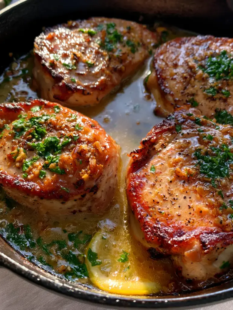 Easy Chicken Breast Recipe: The Juiciest Garlic Butter Skillet Chicken 2 Extreme top-down shot of three sizzling chicken breasts with glossy sauce and golden garlic bits. (Easy Chicken Breast Recipe)