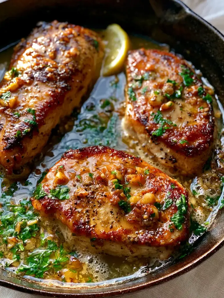 Easy Chicken Breast Recipe: The Juiciest Garlic Butter Skillet Chicken 1 High-resolution shot of translucent garlic butter sauce flecked with parsley and pepper. (Easy Chicken Breast Recipe)