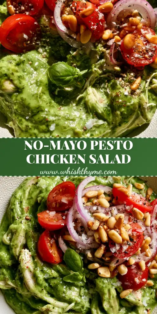 Pesto Chicken Salad with Toasted Pine Nuts and Shaved Parmesan 4 A vibrant bowl of pesto chicken salad with hand-shredded chicken, ruby-red cherry tomatoes, and toasted pine nuts topped with a basil sprig.