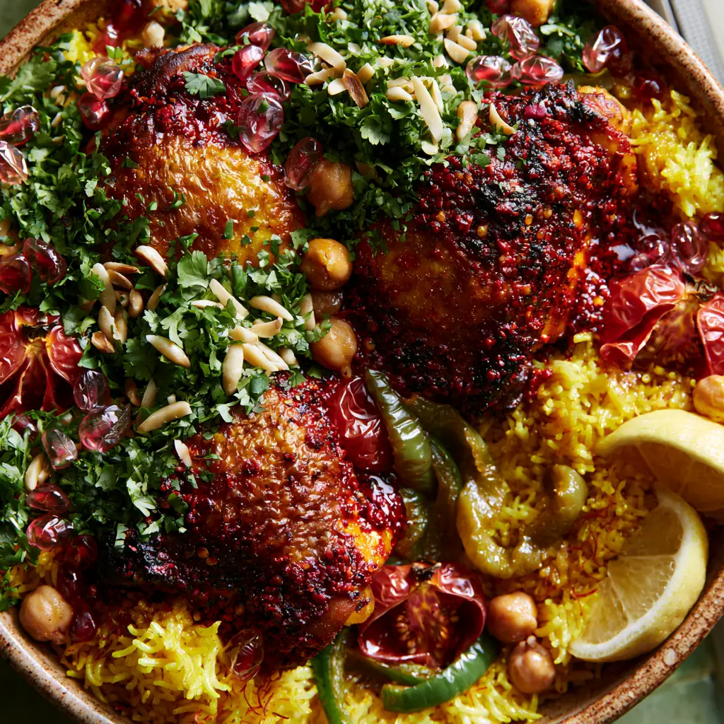 A shallow skillet filled with Moroccan Chicken and Rice, garnished with fresh cilantro, almonds, and lemon wedges.