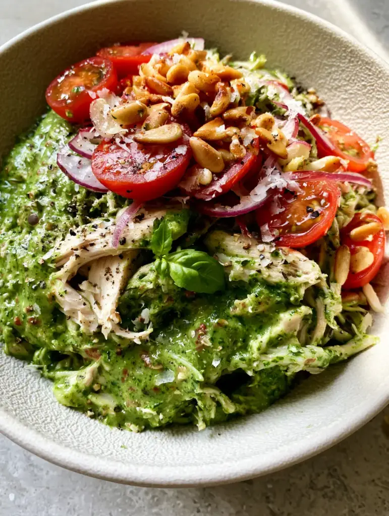 A macro top-down view of pesto chicken salad showing the glossy emerald sauce and toasted pine nuts. (pesto chicken salad)