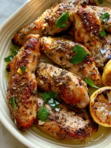 Extreme close-up of seared Mediterranean Chicken Tenders showing dried oregano and garlic bits.