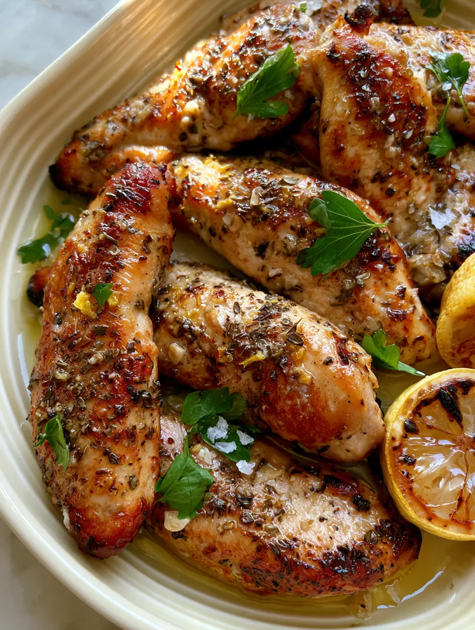 Extreme close-up of seared Mediterranean Chicken Tenders showing dried oregano and garlic bits.