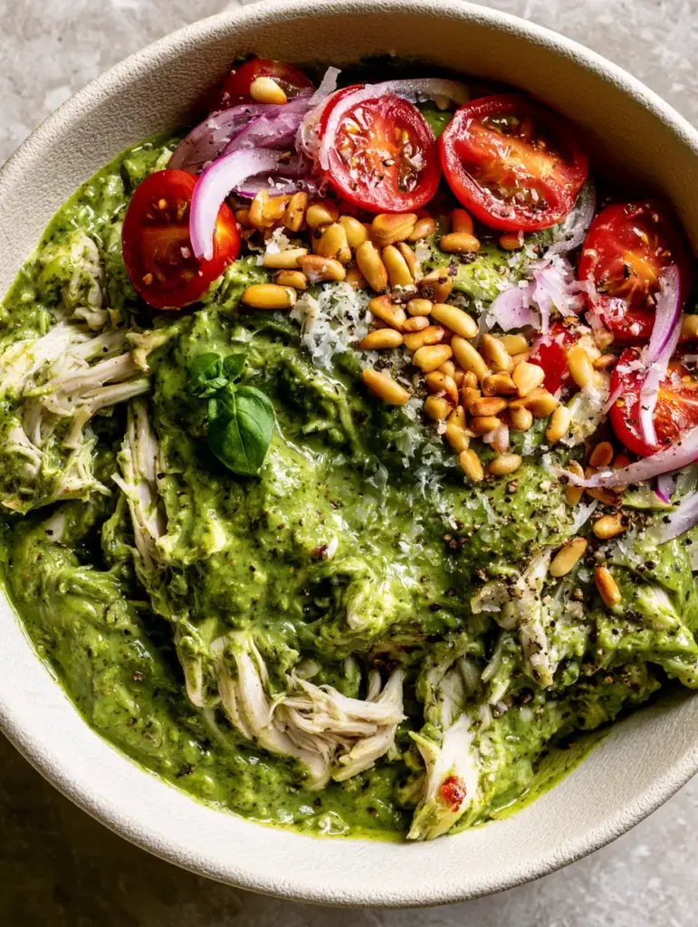Pesto Chicken Salad with Toasted Pine Nuts and Shaved Parmesan 1 A professional shot of pesto chicken salad with red onion crescents and shaved parmesan flakes.