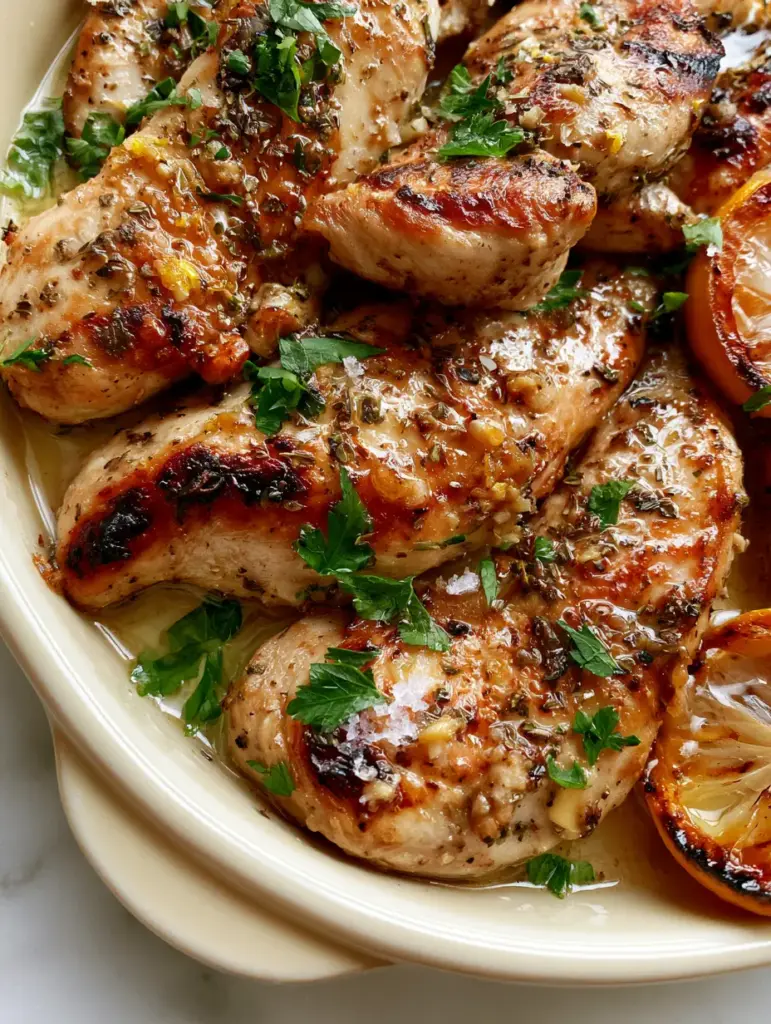 Glistening Mediterranean Chicken Tenders resting on a cream ceramic sheet with charred lemon wedges.