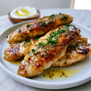 Close-up of golden-brown Greek chicken tenders with visible dried oregano and fresh parsley flecks on a white plate.