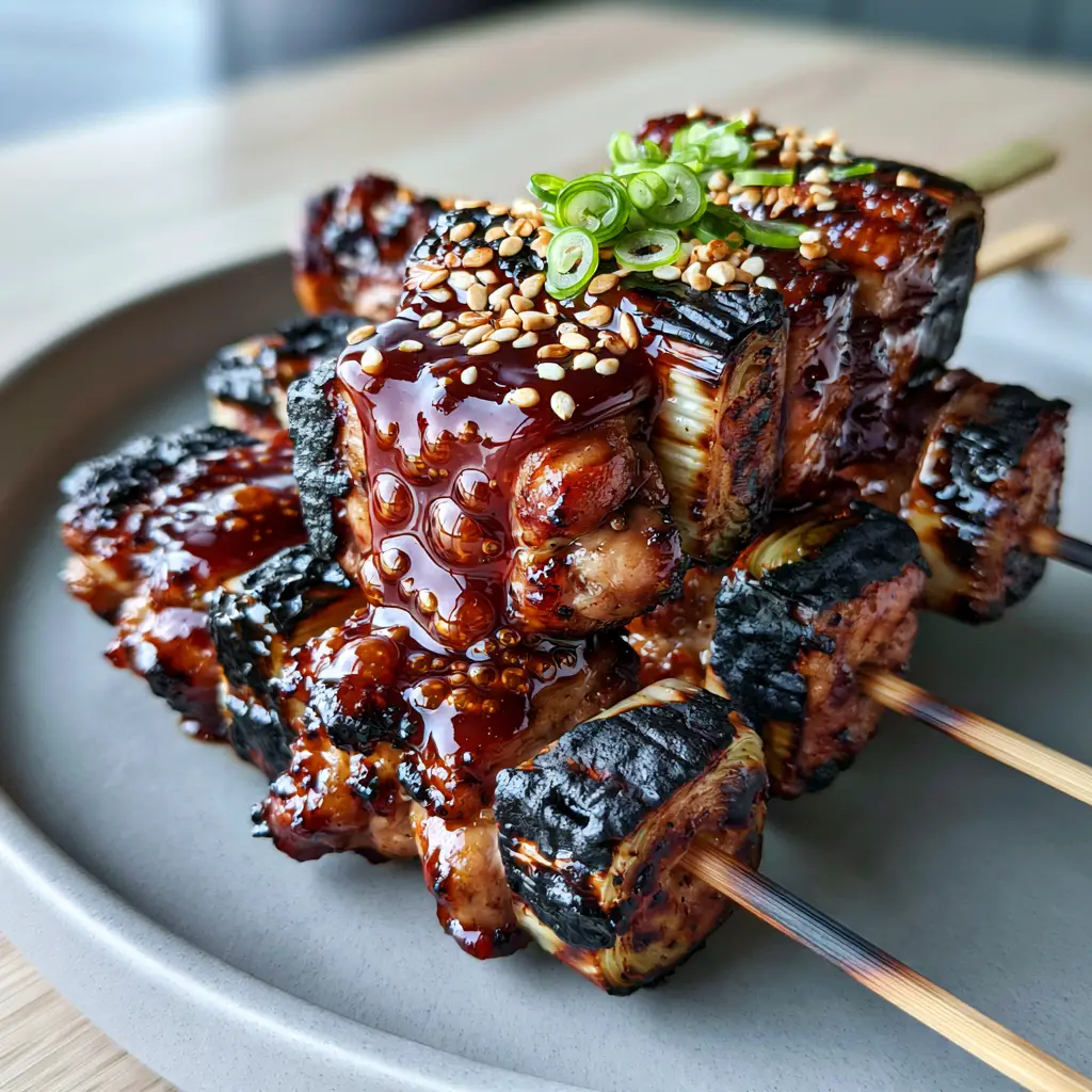 Chicken Yakitori (Negima) with Glossy Dark Mahogany Tare Sauce 1 Handheld smartphone photo of five Chicken Yakitori skewers on a minimal ceramic plate.