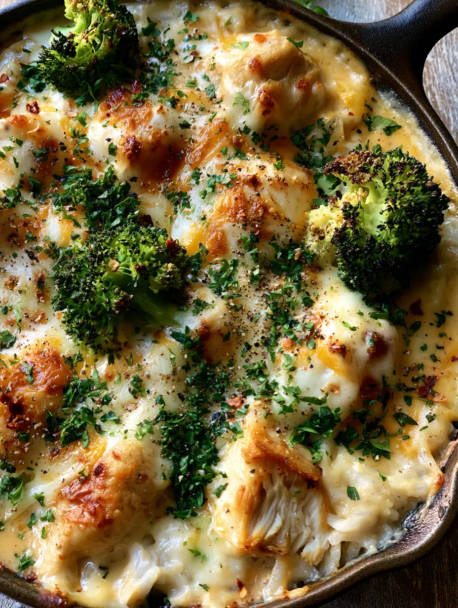 Close-up of golden-seared chicken chunks and melted cheddar in a Creamy Chicken and Rice Bake.