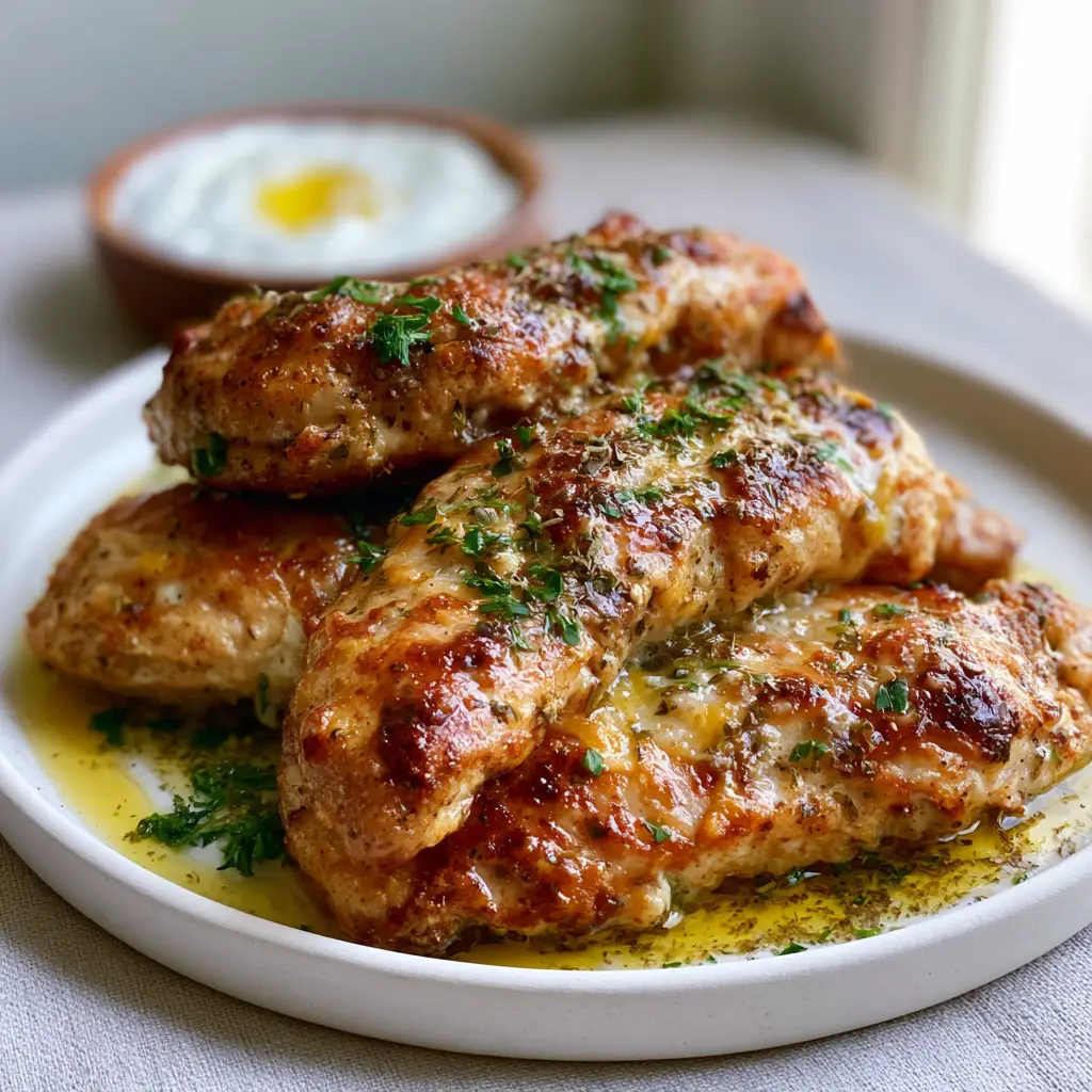 Greek chicken tenders with Lemon Garlic Butter and Tzatziki 1 Greek chicken tenders resting in a pool of herb-infused olive oil with a bowl of tzatziki in the background.