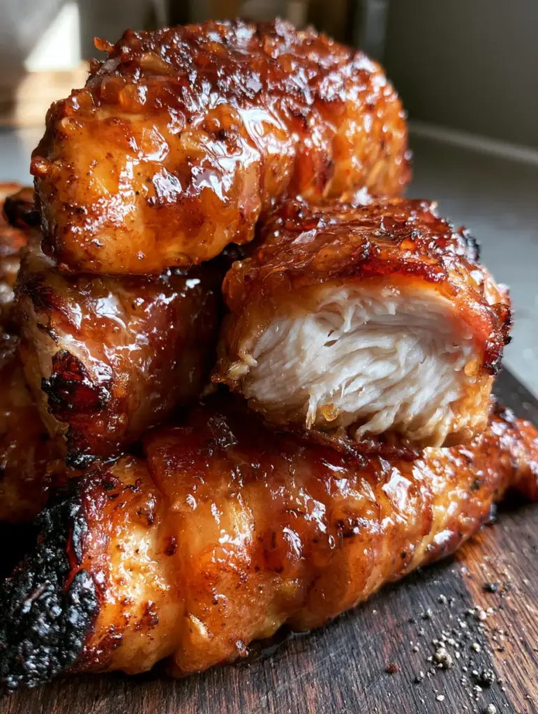Bacon Brown Sugar Chicken Tenders: The Ultimate Sweet & Salty Glaze 1 One bacon brown sugar chicken tender snapped in half revealing juicy steaming white meat chicken.