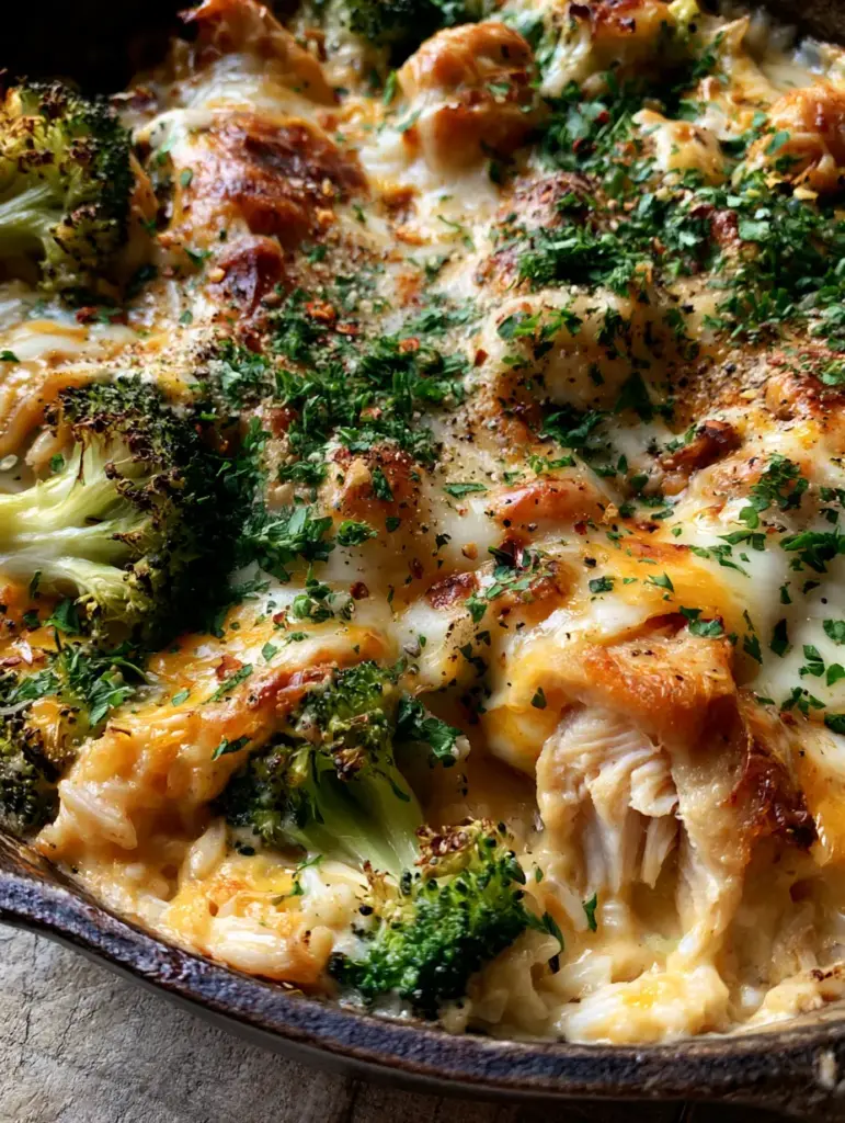 Detail of toasted mozzarella spots and charred broccoli florets in a skillet bake.