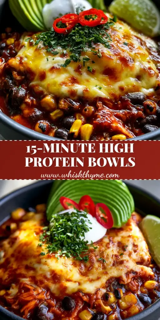 Chicken Enchilada Bowls with Shredded Rotisserie Chicken and Charred Corn 4 A gourmet chicken enchilada bowl featuring shredded rotisserie chicken in red sauce, charred corn, black beans, and melted cheese topped with fanned avocado. (chicken enchilada bowls)