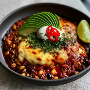 Close-up of bubbling melted cheddar and Monterey Jack cheese over shredded chicken in a charcoal bowl. (chicken enchilada bowls)