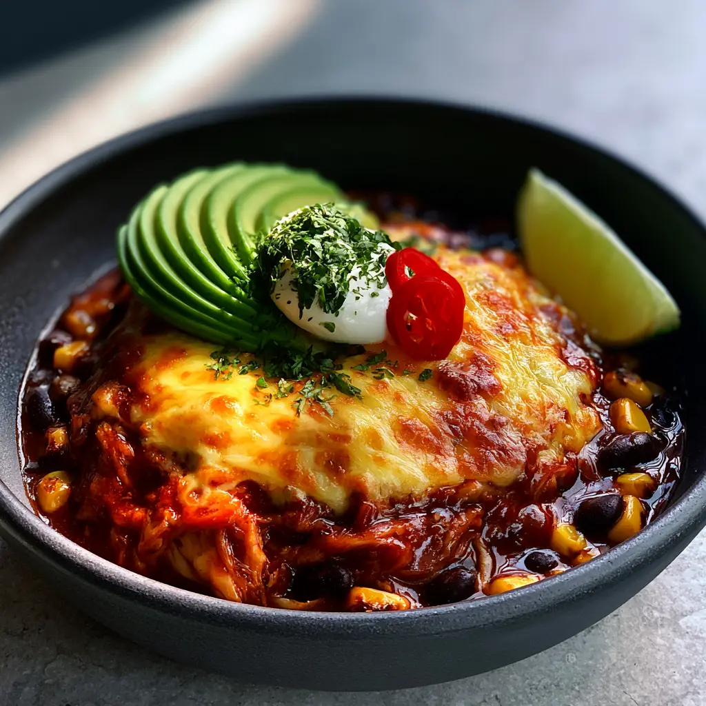 Chicken Enchilada Bowls with Shredded Rotisserie Chicken and Charred Corn 1 Top-down view of fanned avocado, Greek yogurt, and red chili toppings on chicken enchilada bowls.