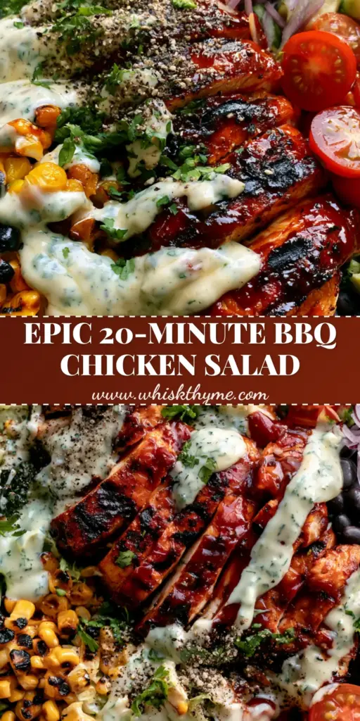 BBQ Chicken Salad with Sticky Glaze and Creamy Herb Ranch 3 A close-up shot of a vibrant BBQ chicken salad with sticky glazed chicken, charred corn, and avocado in a stone-grey bowl.