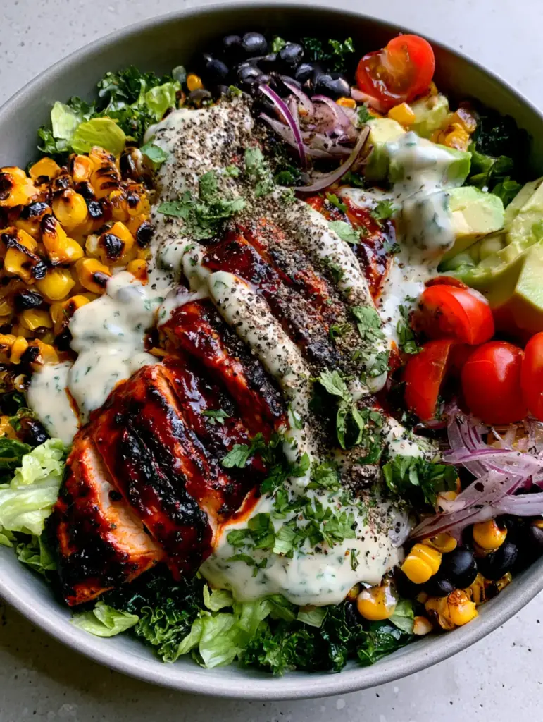 Overhead view of a BBQ chicken salad showing mahogany glazed chicken, black beans, and blistered corn kernels.
