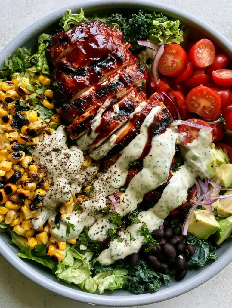 BBQ Chicken Salad with Sticky Glaze and Creamy Herb Ranch 1 Detailed shot of sliced grilled chicken with deep char marks and a glossy BBQ glaze on a bed of greens.