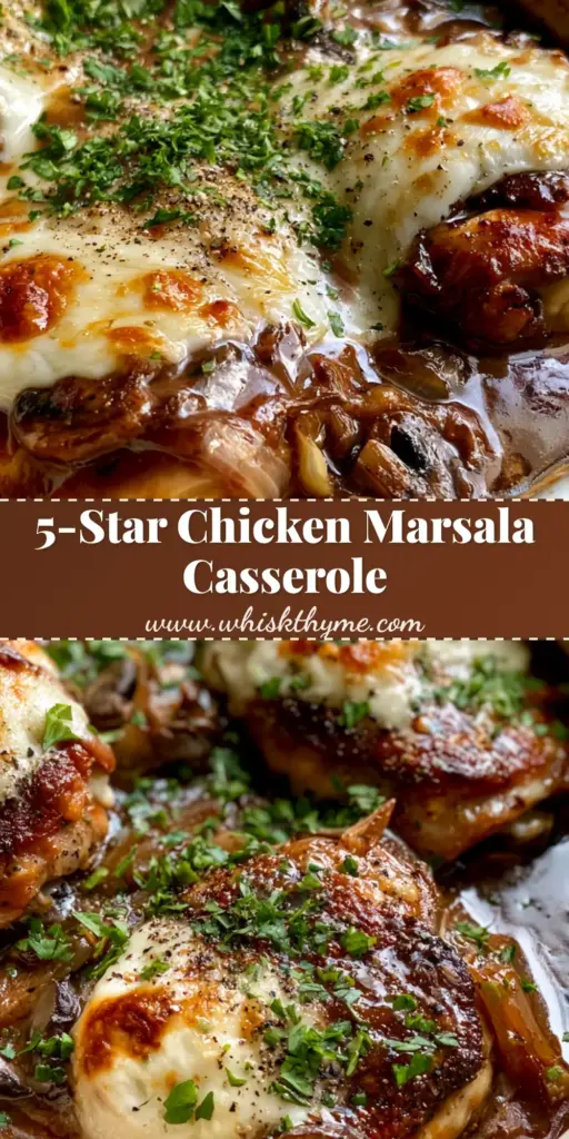 Chicken Marsala casserole with Caramelized Shallots and Mozzarella 4 A close-up shot of a Chicken Marsala casserole featuring seared chicken thighs and mushrooms in a glossy caramel-colored sauce.
