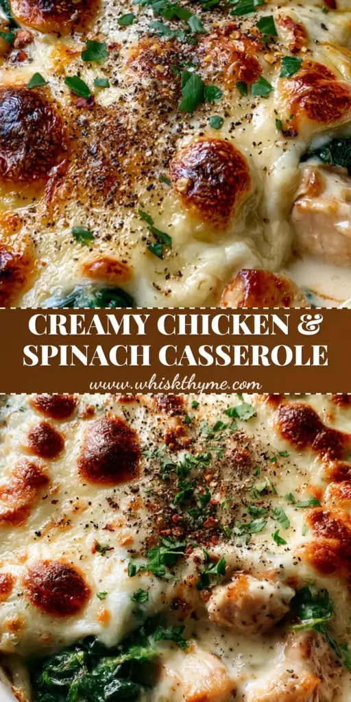 Creamy Chicken and Spinach Casserole with Toasted Garlic Parmesan Crust 3 A vertical photo of Creamy Chicken and Spinach Casserole in a white dish with bubbling mozzarella, toasted spots, and fresh parsley garnish.