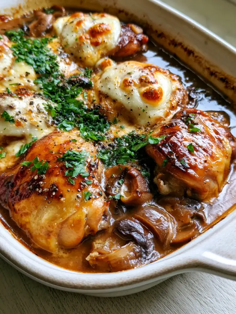 Chicken Marsala casserole with Caramelized Shallots and Mozzarella 2 Luxury Chicken Marsala casserole in a white ceramic dish with bubbly mozzarella and fresh parsley.