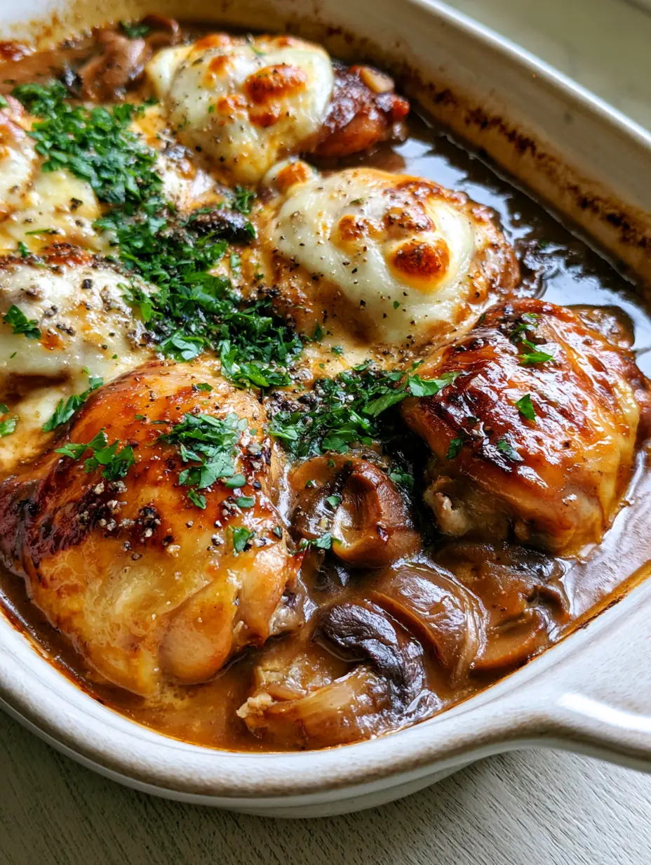 Chicken Marsala casserole with Caramelized Shallots and Mozzarella 3 Luxury Chicken Marsala casserole in a white ceramic dish with bubbly mozzarella and fresh parsley.