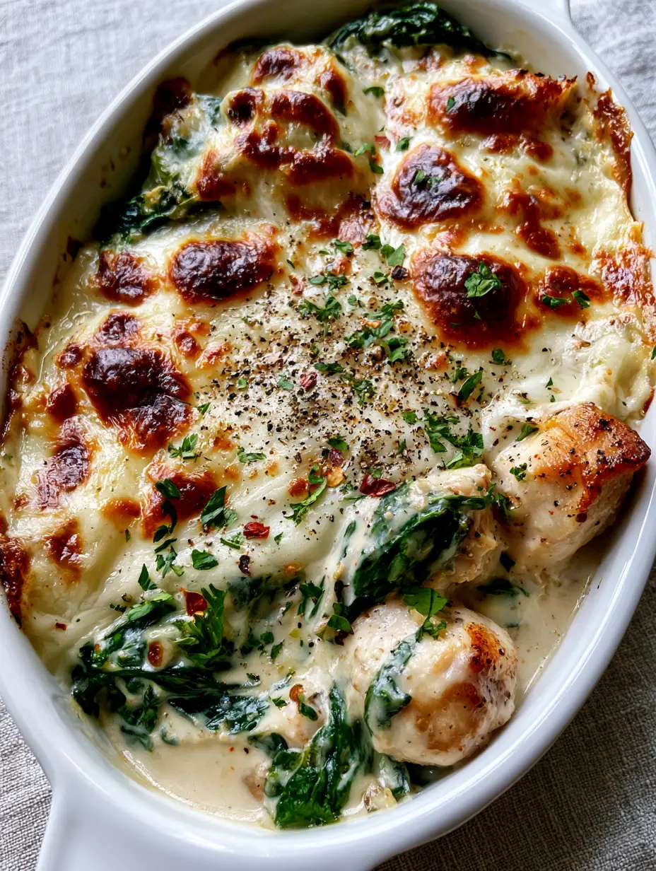 Creamy Chicken and Spinach Casserole with Toasted Garlic Parmesan Crust 4 Close-up of succulent seared chicken cubes and wilted spinach in an ivory garlic cream sauce. (Creamy Chicken and Spinach Casserole)