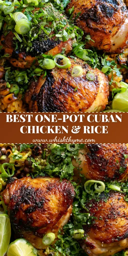 A top-down view of a black skillet filled with Chicken Yellow Rice Black Beans, charred corn, and crispy chicken thighs. (Chicken Yellow Rice Black Beans)