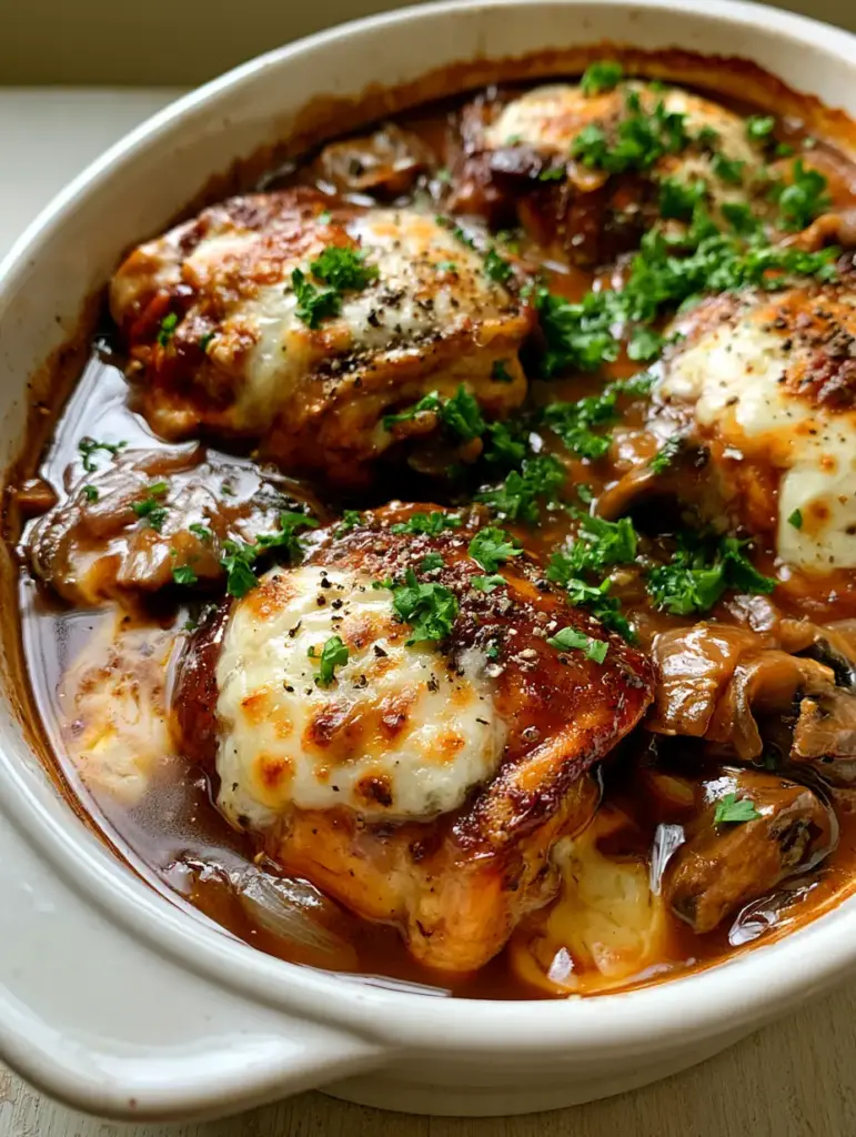 Chicken Marsala casserole with Caramelized Shallots and Mozzarella 1 Top view of Chicken Marsala casserole showing caramelized shallots, cremini mushrooms, and toasted mozzarella spots.