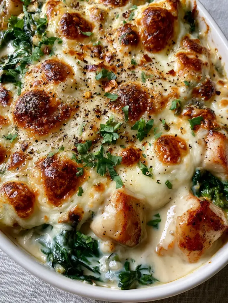 Creamy Chicken and Spinach Casserole with Toasted Garlic Parmesan Crust 1 A side view of the Creamy Chicken and Spinach Casserole showing the thick blanket of melted mozzarella cheese and charred golden spots.