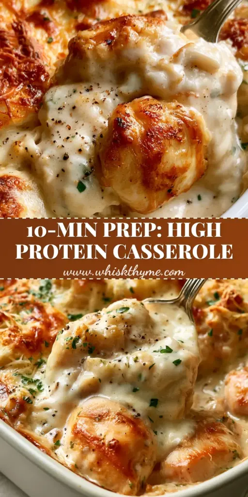 High-Protein Chicken Casserole with Garlic Cream Sauce 3 A close-up shot of High-Protein Chicken Casserole with a silver spoon lifting a portion of cheesy, golden chicken.