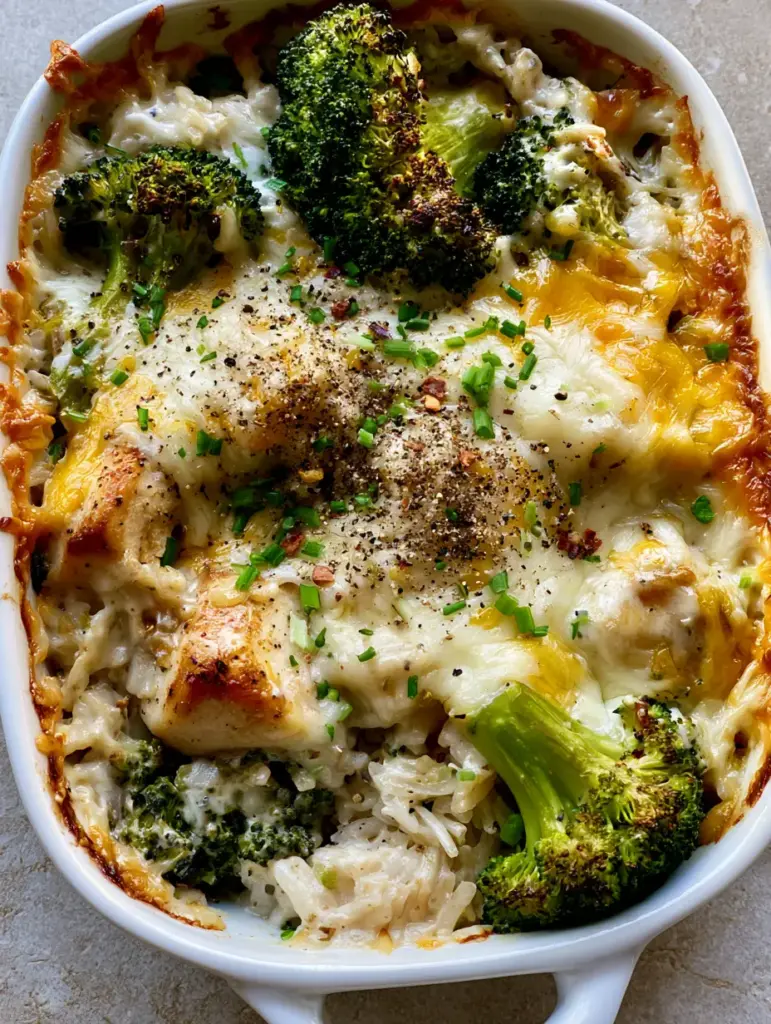 Broccoli Chicken and Rice Casserole: The Ultimate Cheesy Comfort Food 1 Top-down view of Broccoli Chicken and Rice Casserole garnished with fresh chives and red pepper flakes on a stone countertop.