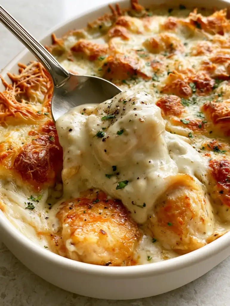 High-Protein Chicken Casserole with Garlic Cream Sauce 2 Side-angle view of High-Protein Chicken Casserole in a white ceramic dish featuring a bubbling mozzarella crust.