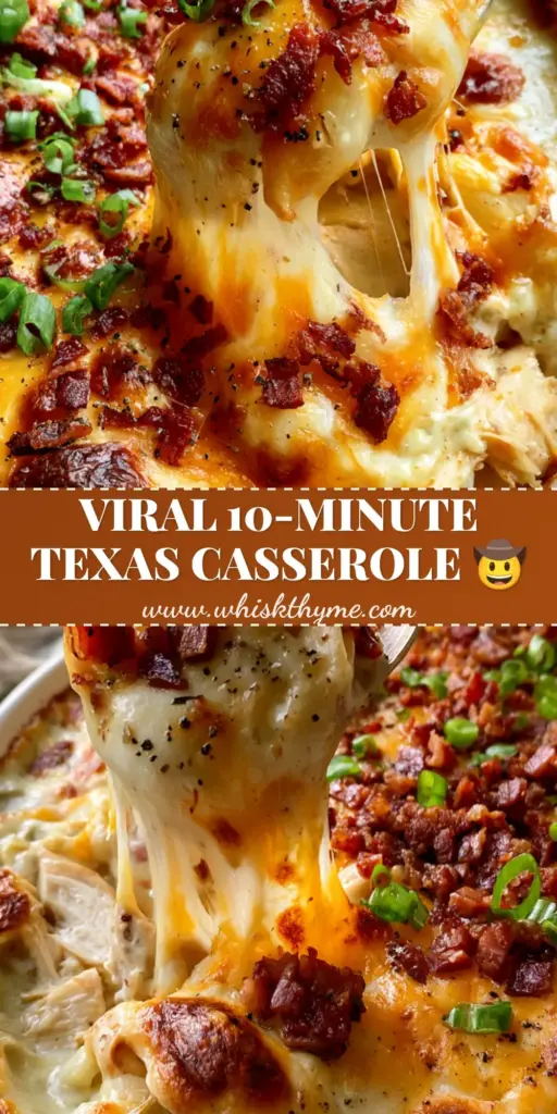 Texas Ranch Chicken Casserole: The Ultimate Cheesy Comfort Food 4 A high-angle overhead shot of a Texas ranch chicken casserole in a white baking dish featuring bubbling melted cheese, crispy bacon, and green onions.