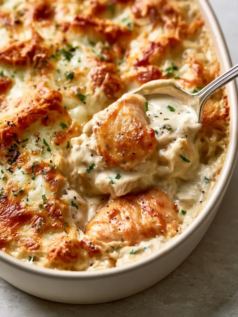High-Protein Chicken Casserole with Garlic Cream Sauce 1 Detailed close-up of seared golden chicken breast chunks in a thick garlic cream sauce. (High-Protein Chicken Casserole)