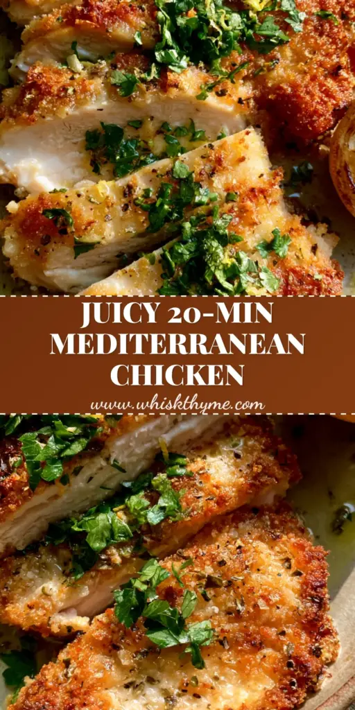 Mediterranean Chicken Cutlets with Crispy Parmesan Crust and Lemon 3 A top-down macro shot of sliced Mediterranean chicken cutlets with a crispy golden-brown parmesan crust, parsley, and charred lemons.