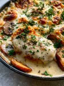 Ultra-close-up of golden-seared chicken breast dripping with ivory garlic cream sauce and browned mushrooms. (Keto Garlic Mushroom Chicken Casserole)